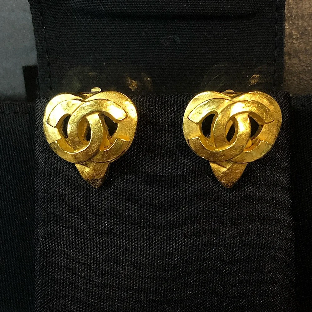 CHANEL CC Interlinked Open Heart Gold Statement Earrings w/ Box
